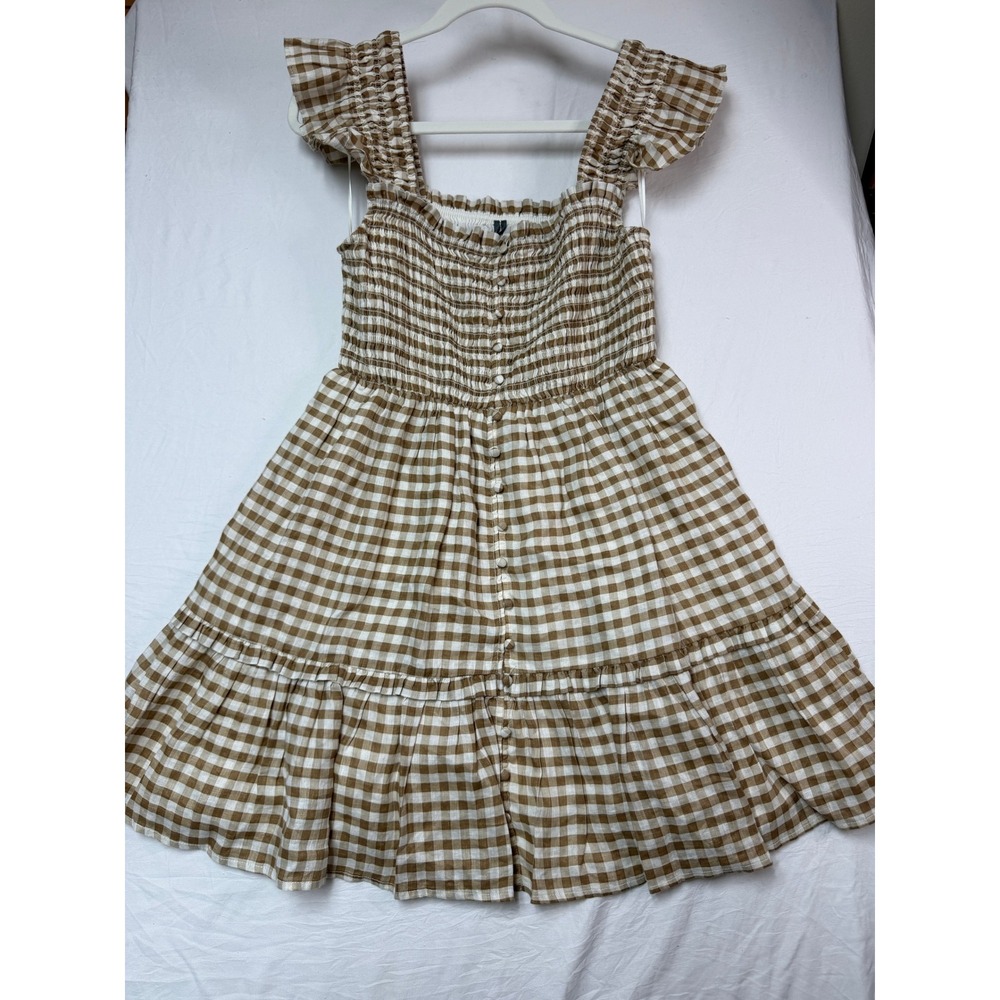 Anthropologie Brown Gingham Smocked Mini Dress Ruffle Button Front Cottagecore M - Picture 2 of 7